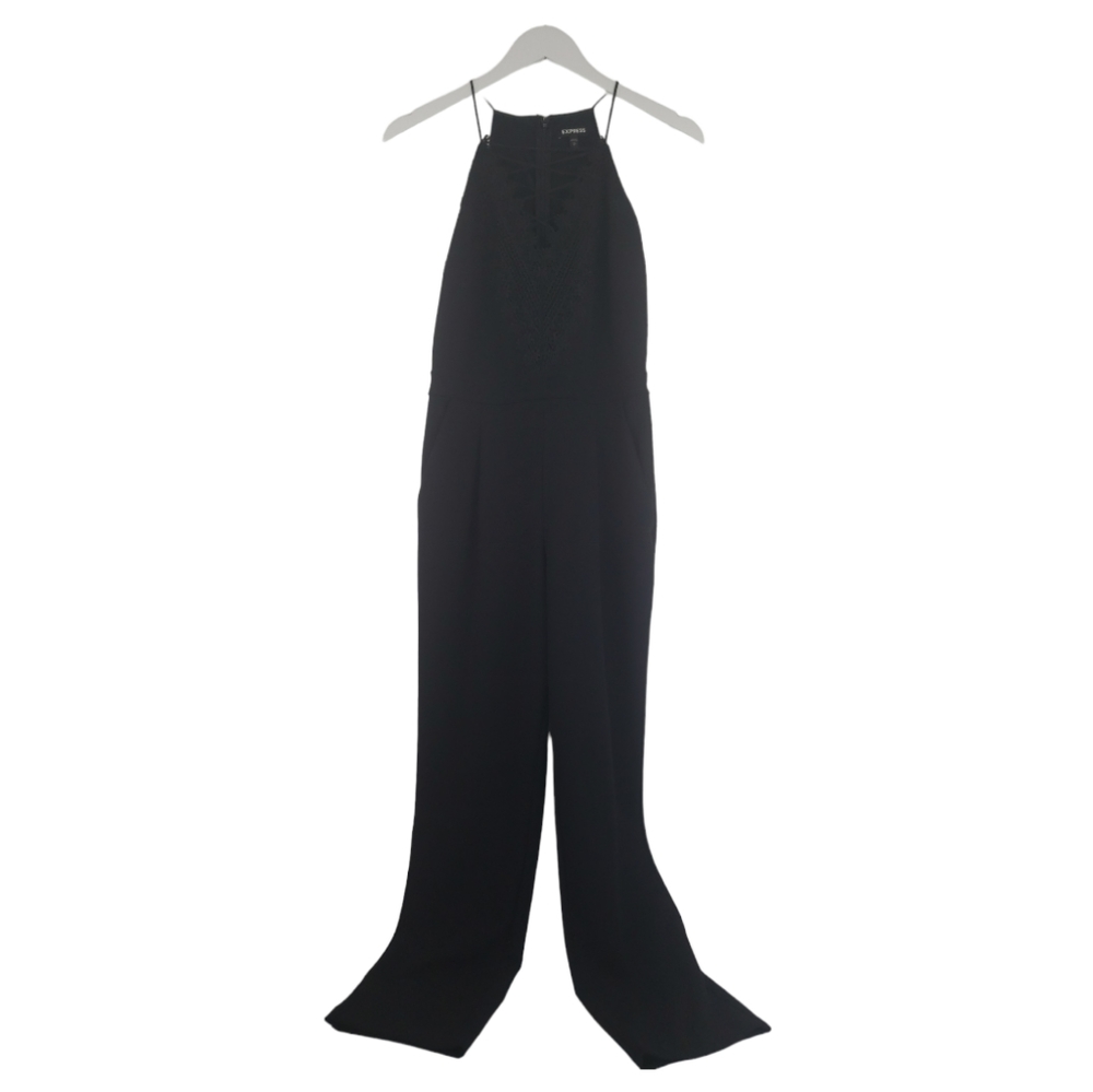 Express Jumpsuit Lace Neckline Size Small in Black with Pockets